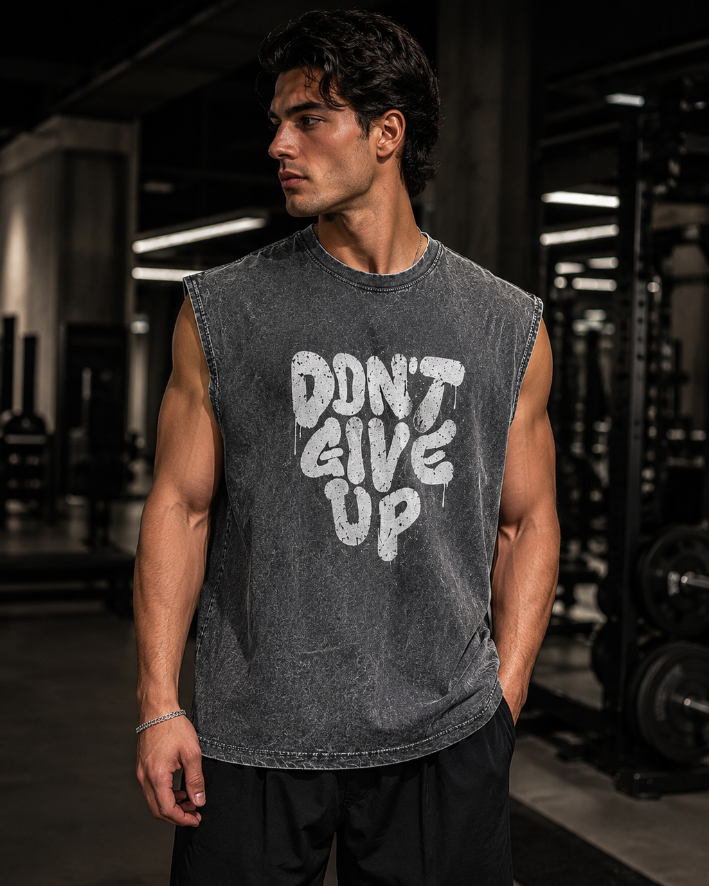 Oversized Acid Wash Gym Vest — Don't Give UP