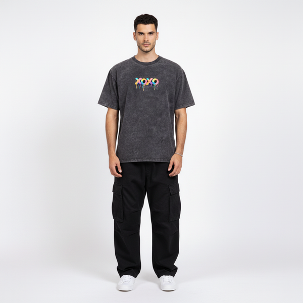 XOXO Drip Printed Acid Wash Oversized T-Shirt