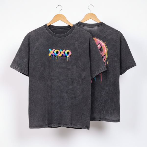 XOXO Drip Printed Acid Wash Oversized T-Shirt