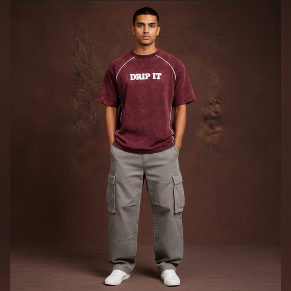 Drip It Printed Acid Wash Oversized T-Shirt